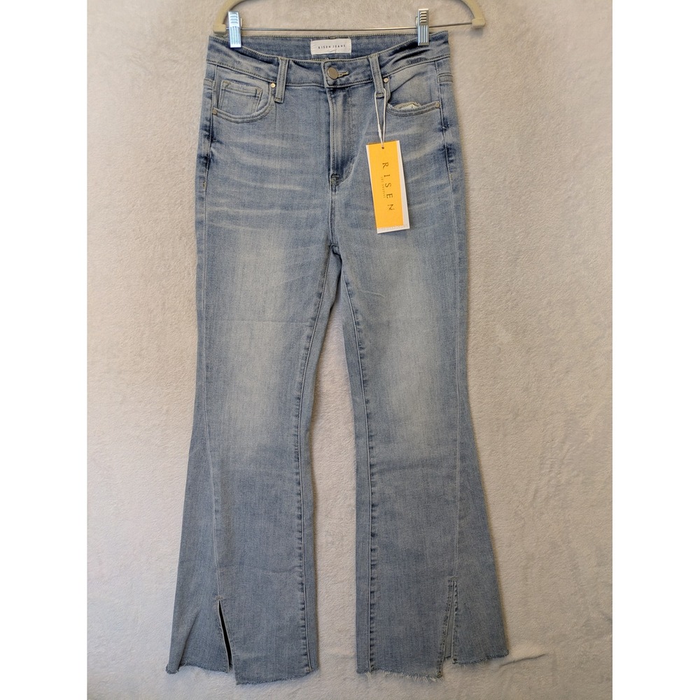 NEW Risen Flare‎ Jeans Women's 9/29 Light Wash High Rise Side Slit Raw Hem